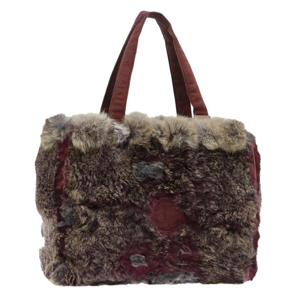 CHANEL Tote Bag Fur Wine Red CC Auth bs7673